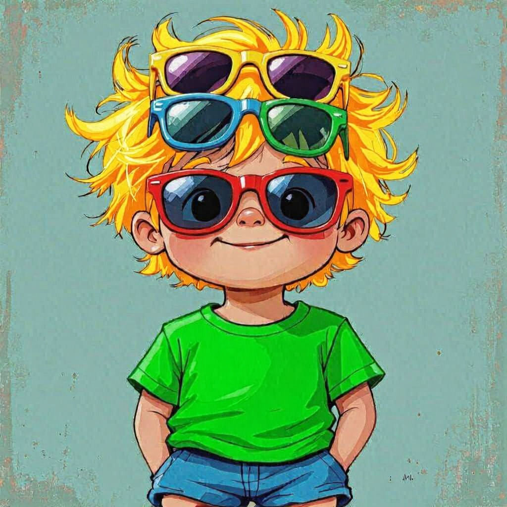 A little boy with four different pairs of sunglasses on the top of his head in different colors