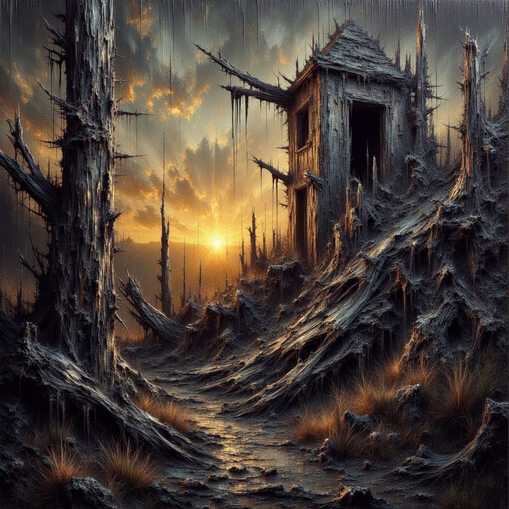 <lora:Corroded:1.0> a decrepit and corroded Mountain sunset