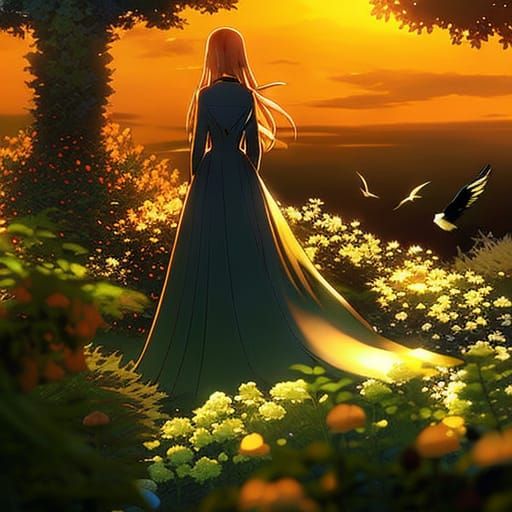 anime long orange hair saint fantasy woman beautiful flower ...