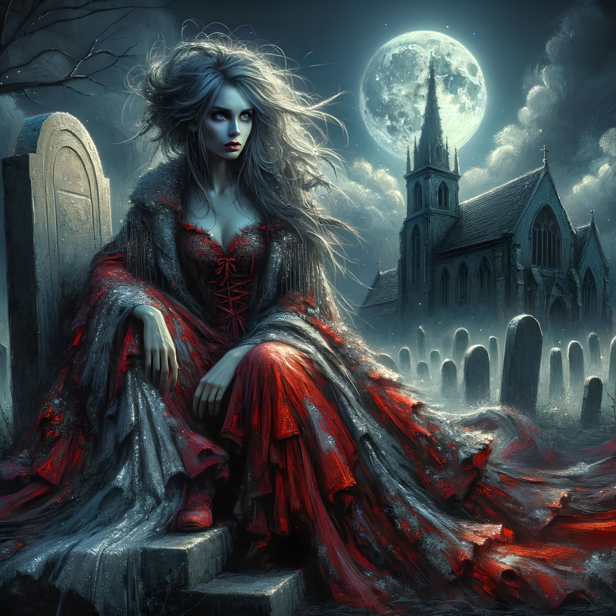 Beautiful Vampire on Gravestone in Moonlight