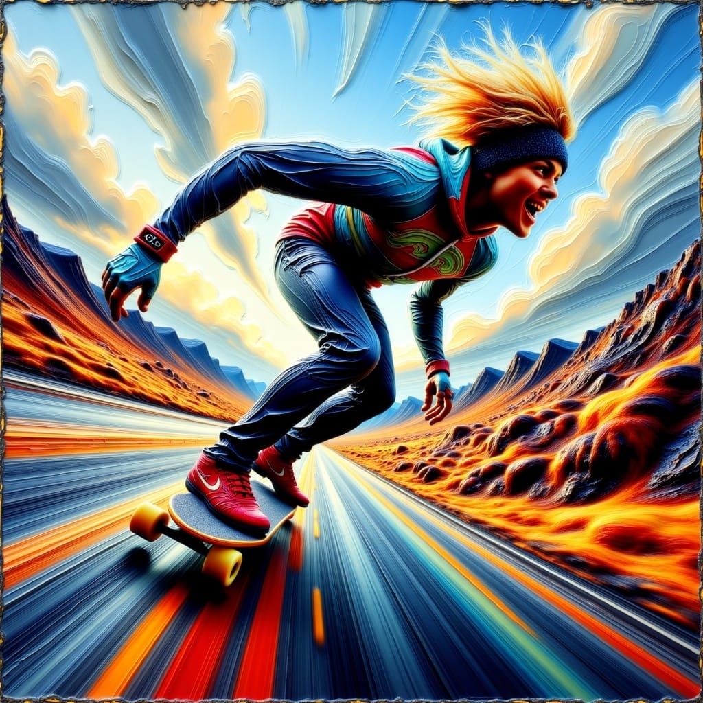 <lora:EncausticTextures:1.0> encaustic painting, skateboarder on longboard uphill in iceland, speeding, speed blur, fast, center of image fo...