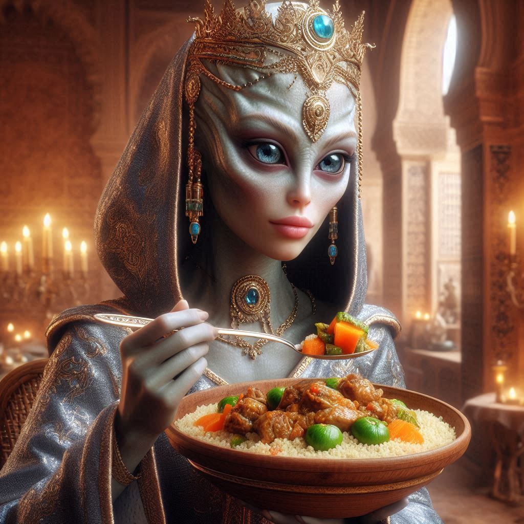 A beautiful female alien princess enjoying eating couscous