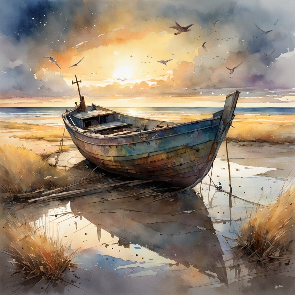 Boat on a morning beach  by @Vochomurka
