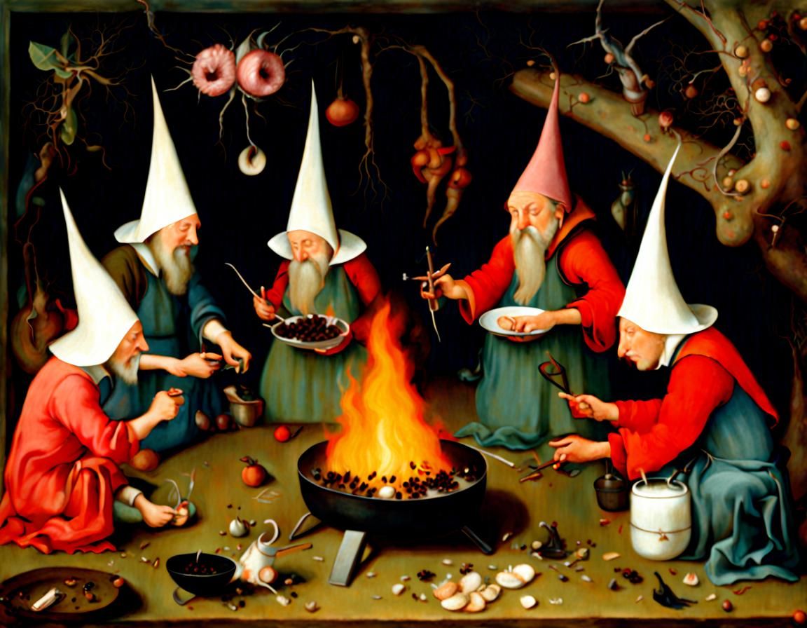 Hieronymus Bosch style: Wizards gather around a cooking fire...