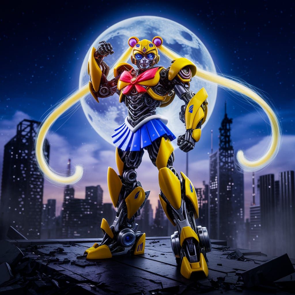 A cinematic and powerful crossover scene. Bumblebee from Transformers stands tall on a ruined futuristic city rooftop, dressed in a perfectl...