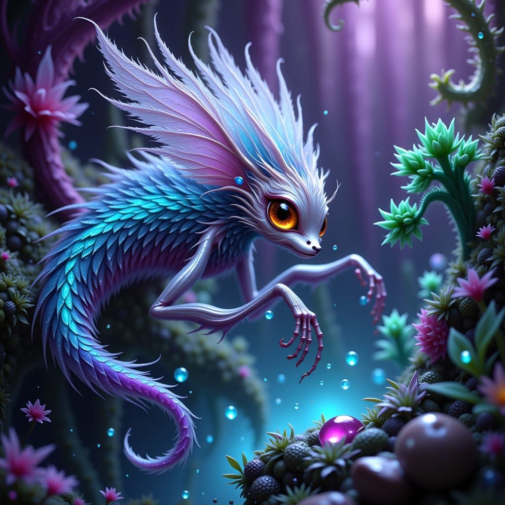 A delicate, lace-like being with shimmering silver skin and intricate, feathery appendages is being meticulously crafted by a highly detaile...