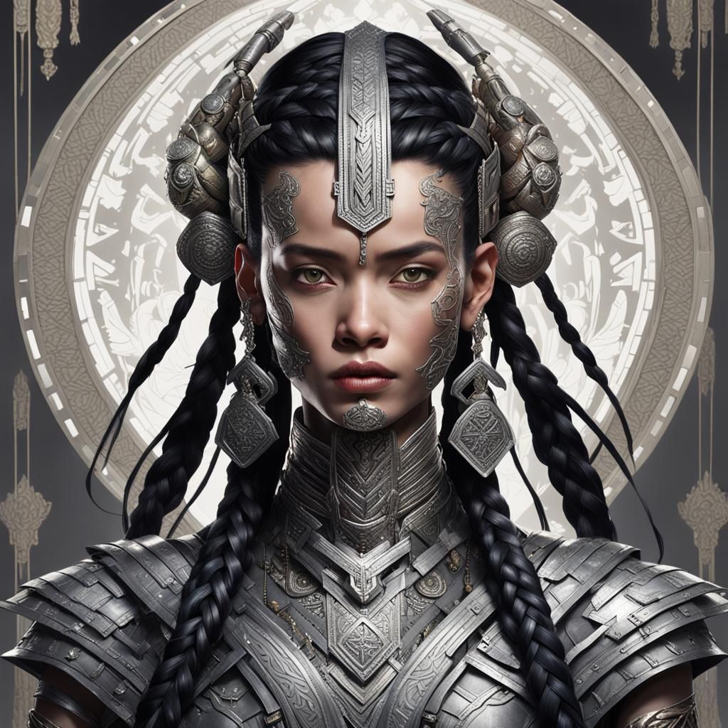A towering, strong jawed, pale-skinned woman adorned with st...