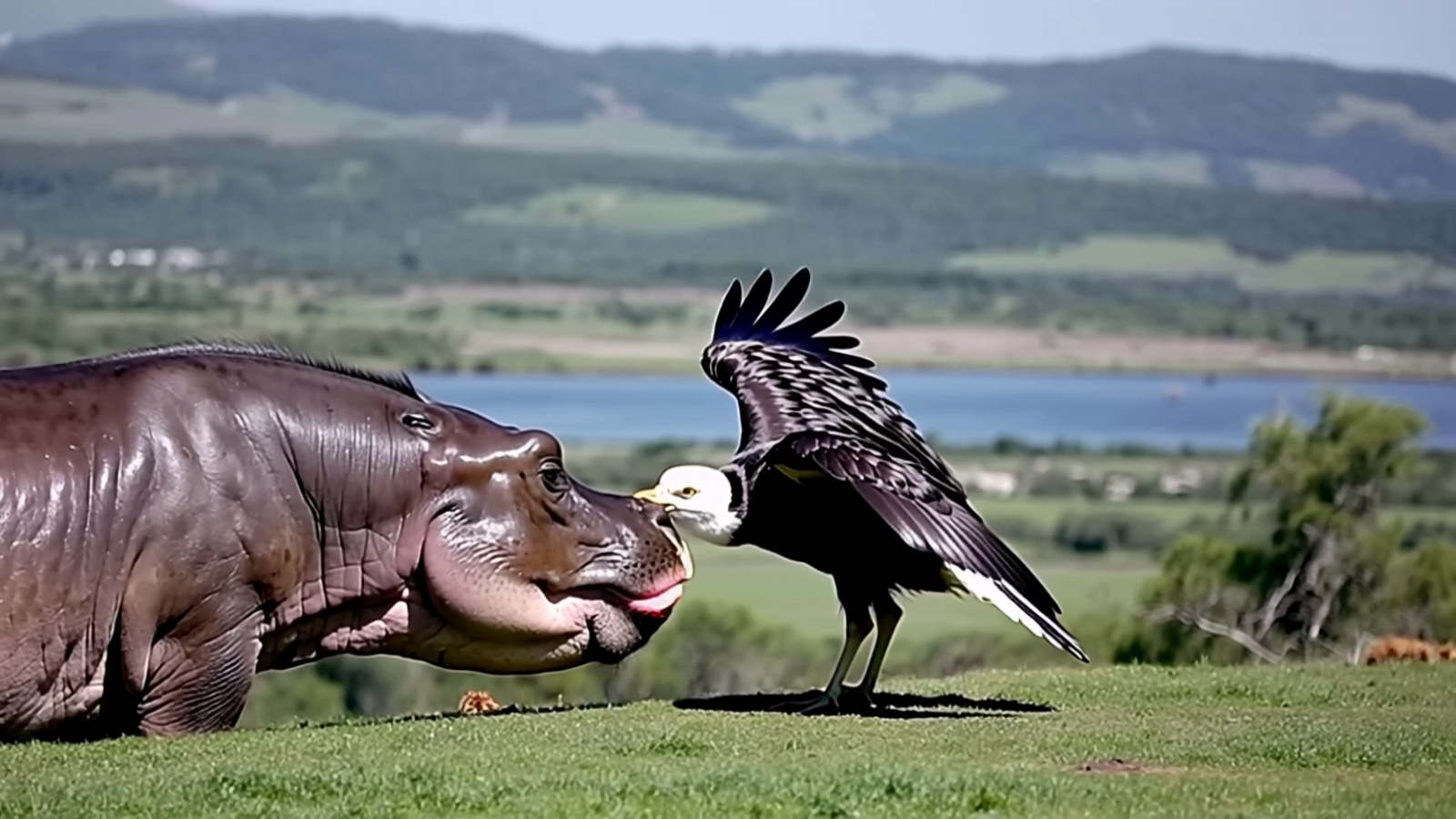 Mighty eagle is having a breakfast from a baby hippopotamus's mouth. Breathtaking landscape on the background.