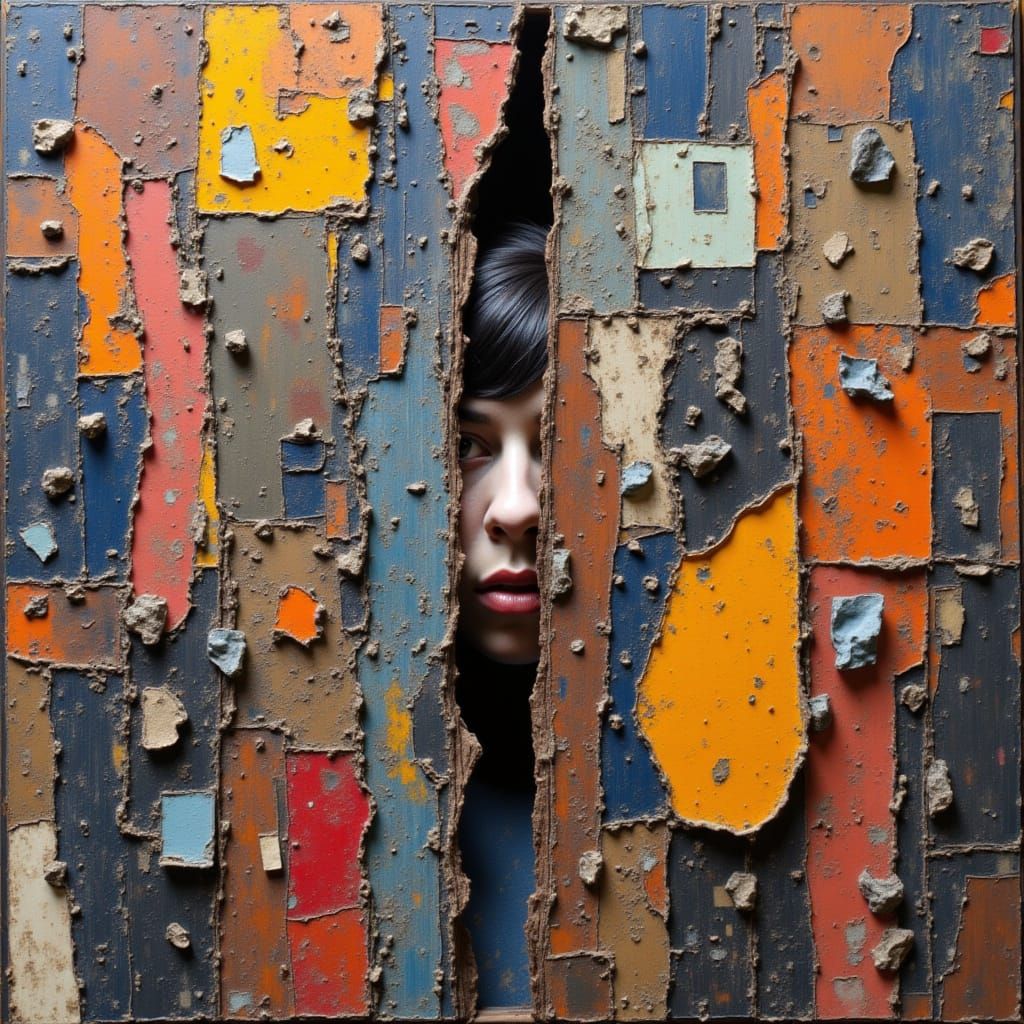 <lora:kak-strangecollage:1.0>Mixed media textures, peeking