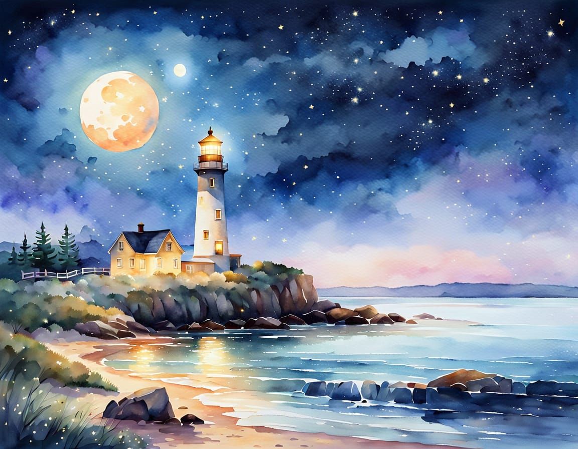 A quiet lighthouse under a starry sky.  by @leawana