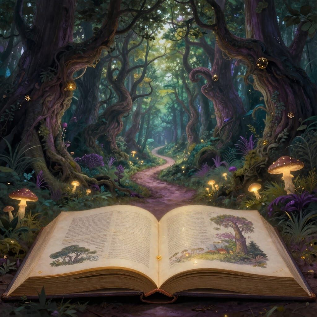 Open Book Reveals Enchanted Forest Path