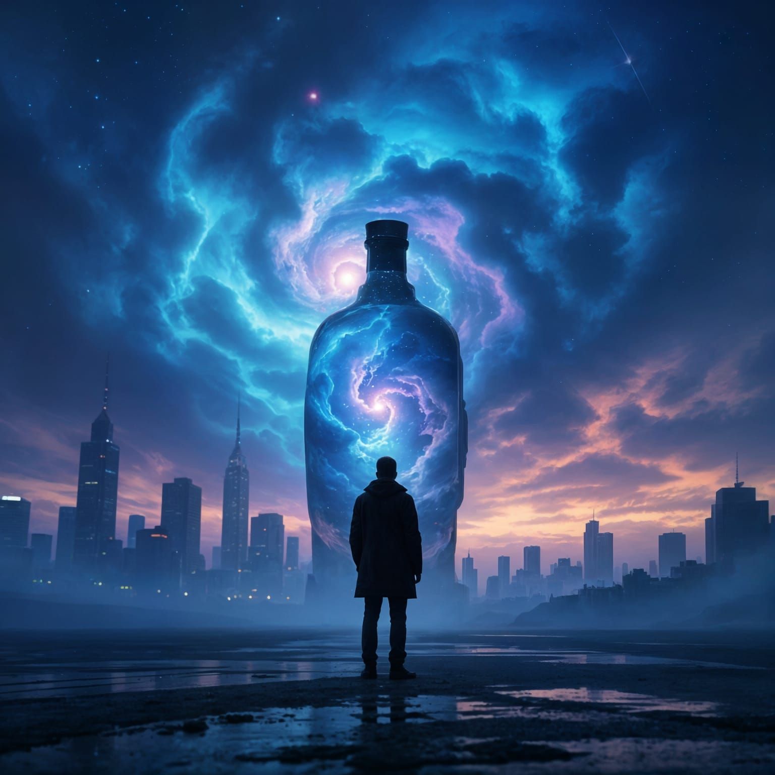A solitary man stands on a desolate, futuristic cityscape, the sky above a swirling nebula of melancholic blues and purples. Her form is a d...