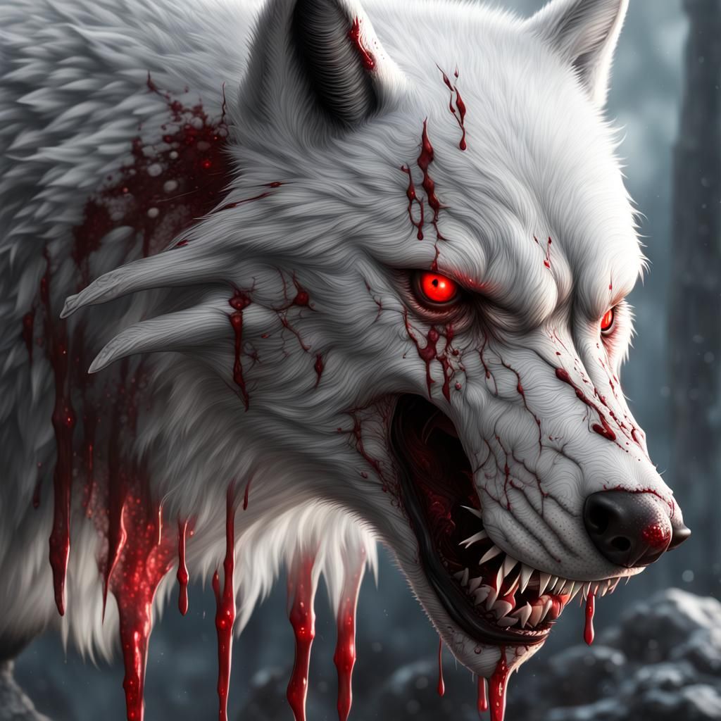 white wolf red eyes with deep bleeding gashes