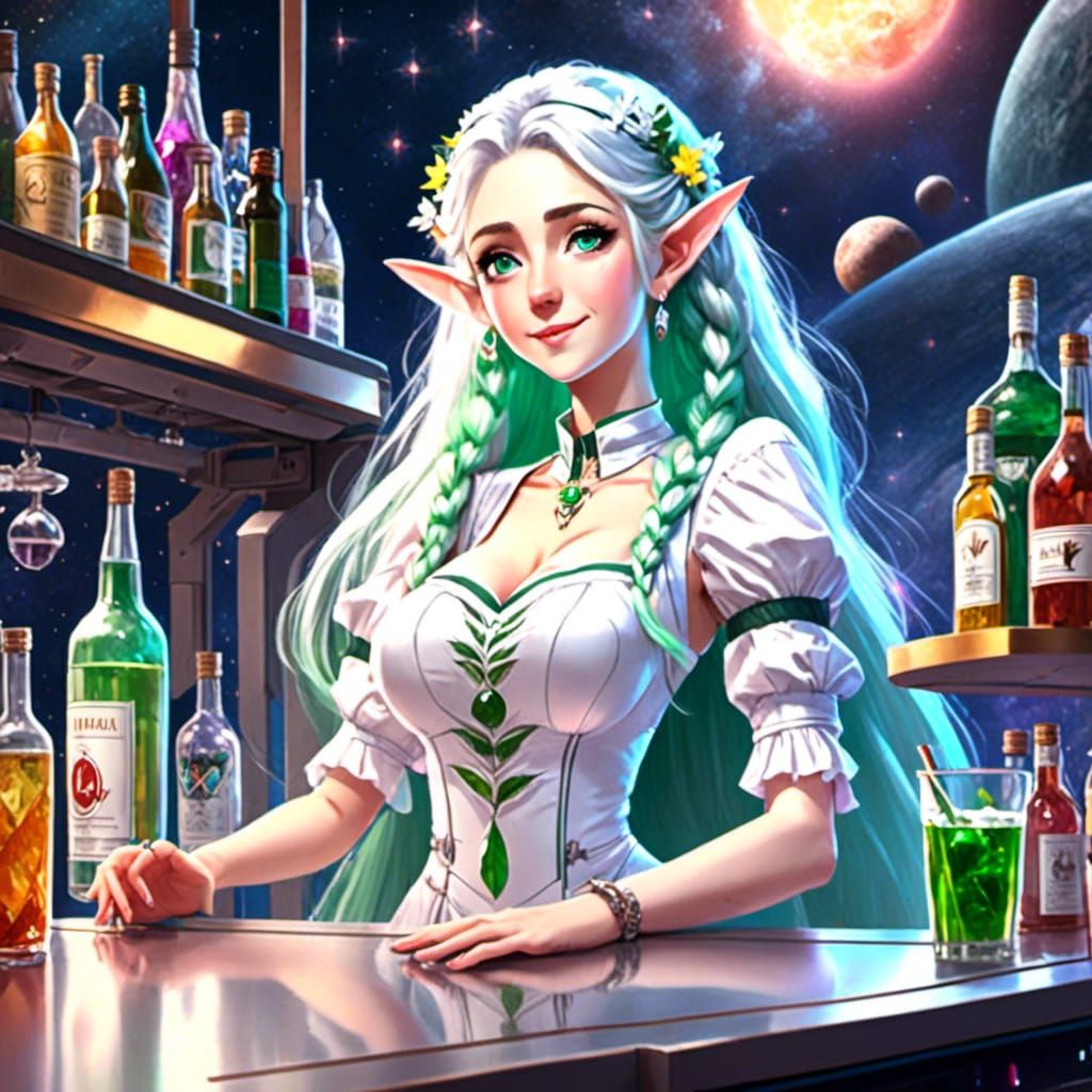<lora:Teranie Whiterose:1.0> as a bartender in space
