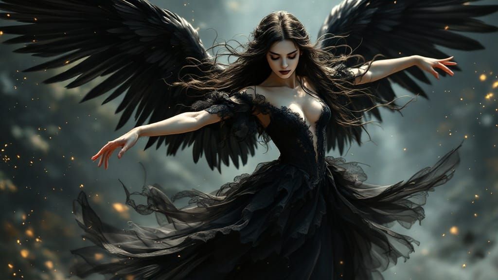 a Dark Angel waeringf a Victorian black silk and lace dress, ballet dancing, Beautiful black wings fluttering, ...  by @Kindly Offer