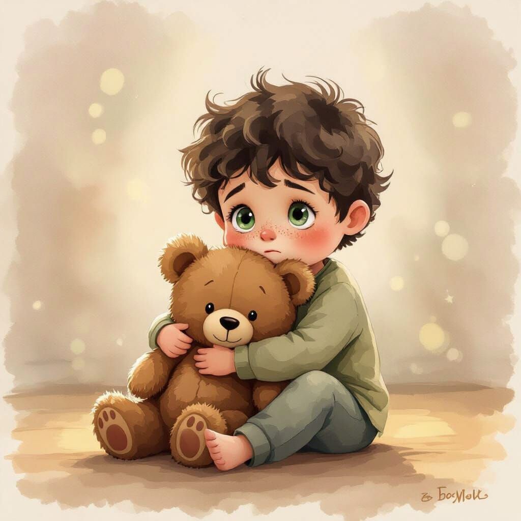 Boy Hugs Bear in Gentle Watercolor Illustration Style