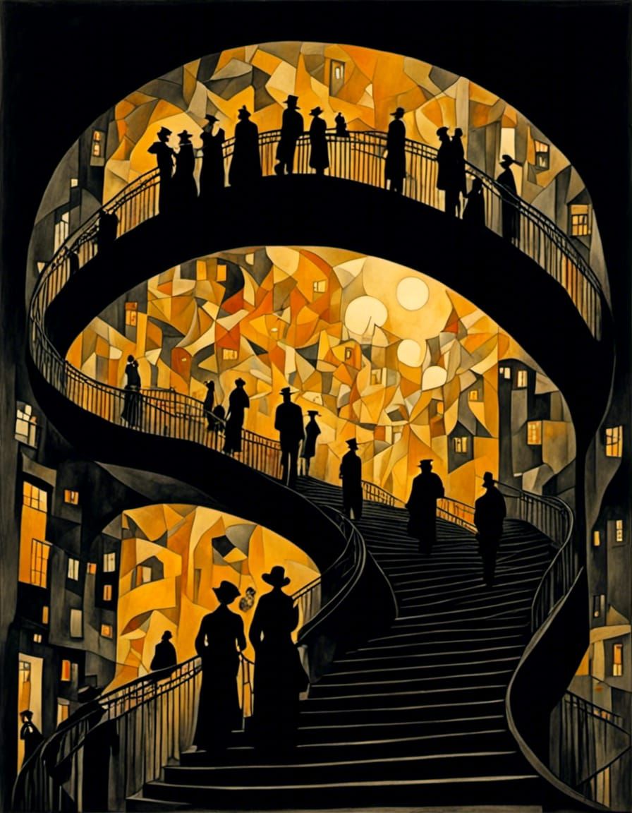 A crowd of many different people near and far  walking, museum, room with a view, golden shimmer, gilded sunset, sparkling celestial sky, di...