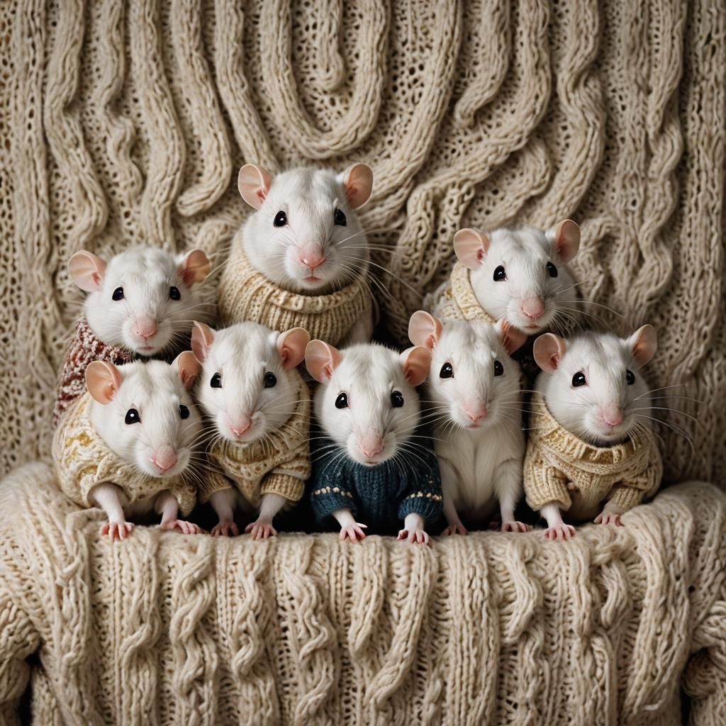 a family of white rats wearing knitted sweaters. Professiona...
