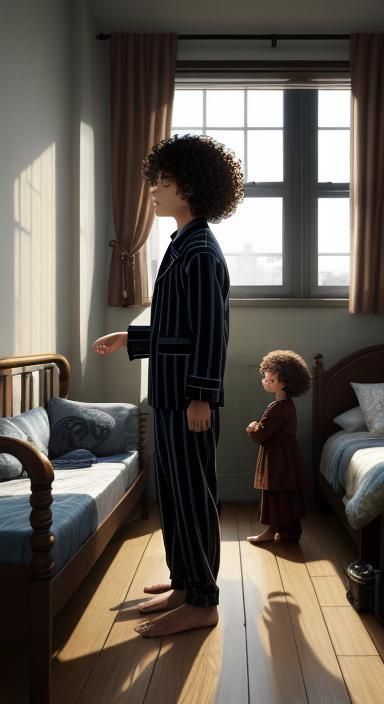 Five years old, standing next to his mom bad his mom is slee...