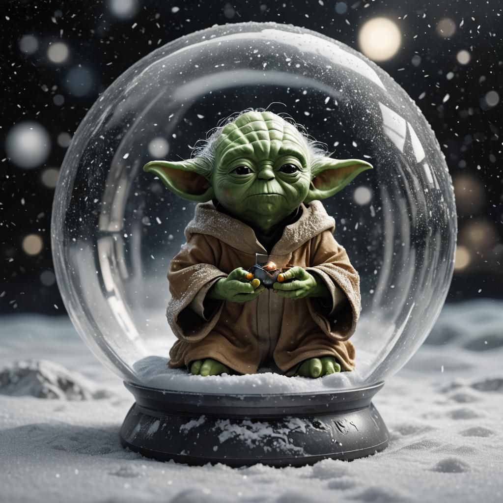 Yoda meditating while snowing inside of a glass orb in space | 64K ...