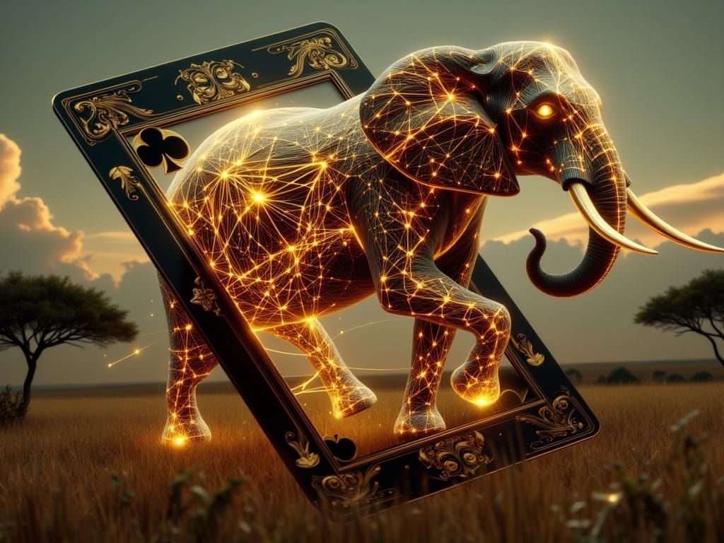  <lora:FiosArcaneCards:1.0> Gold Neural electric African  Elephant 