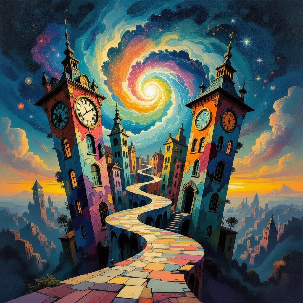 Surrealism. Buildings twist and fold like melting clocks. The sky is a swirling vortex of nebulae and geometric shapes. Soft, ethereal light...