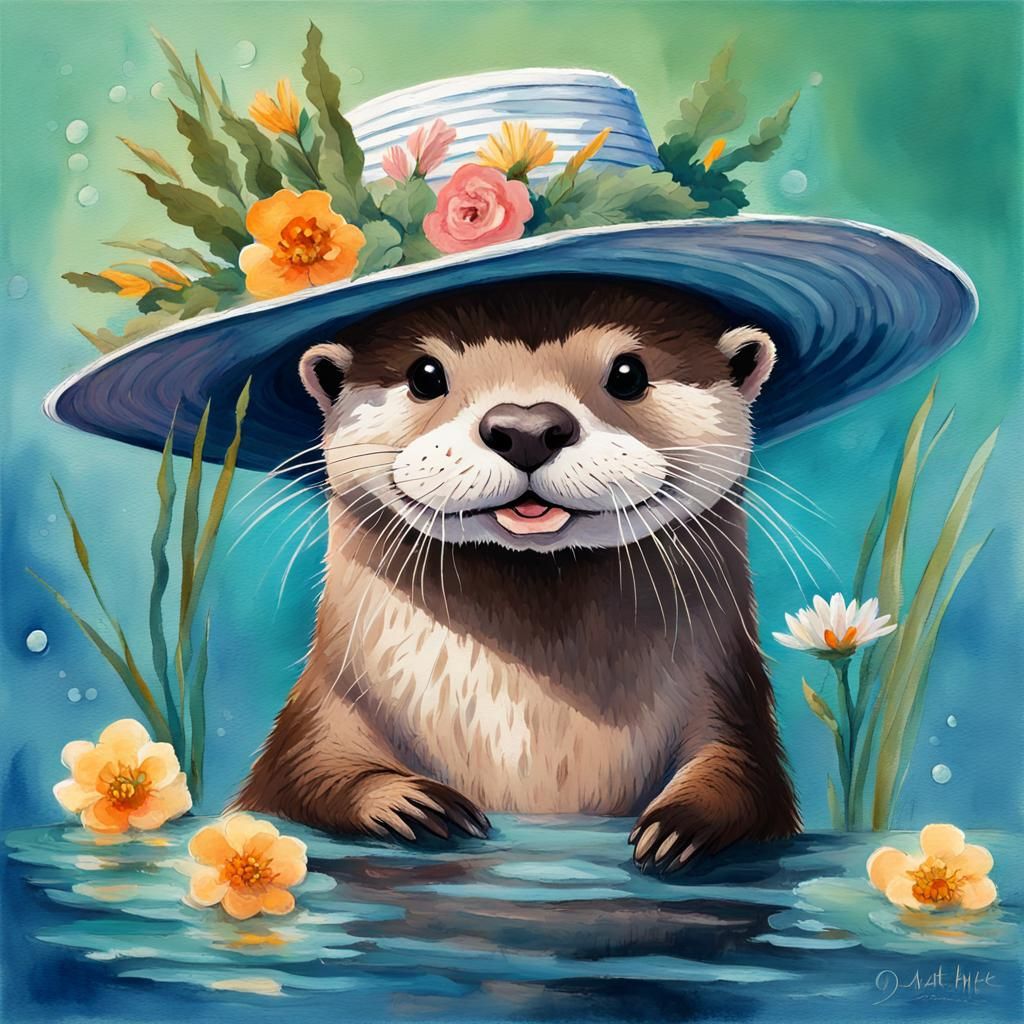 Cute Otter in Straw Hat Gouache Impression