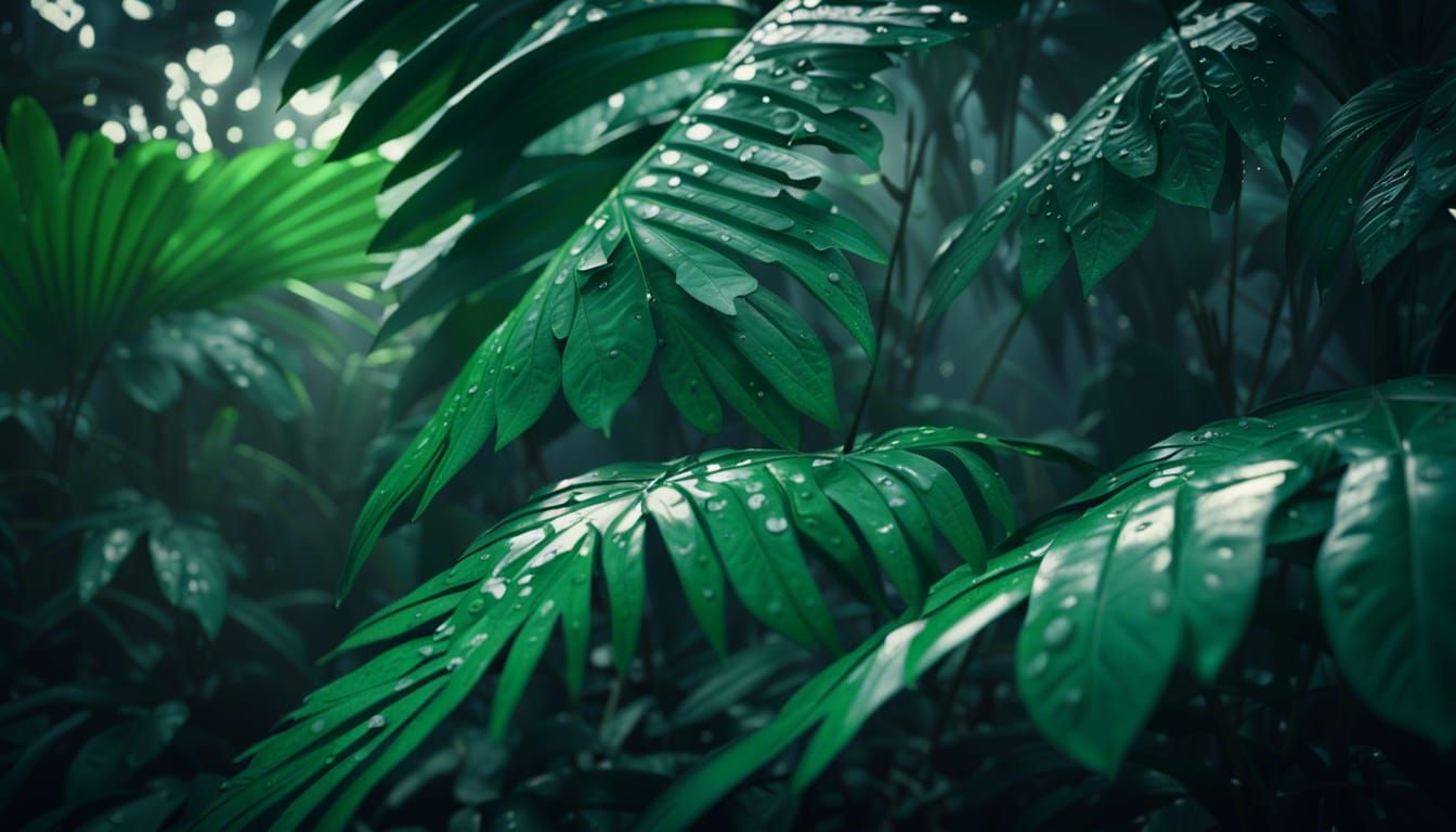 Big rainforest Green leaves behind frosted glass, unreal eng...