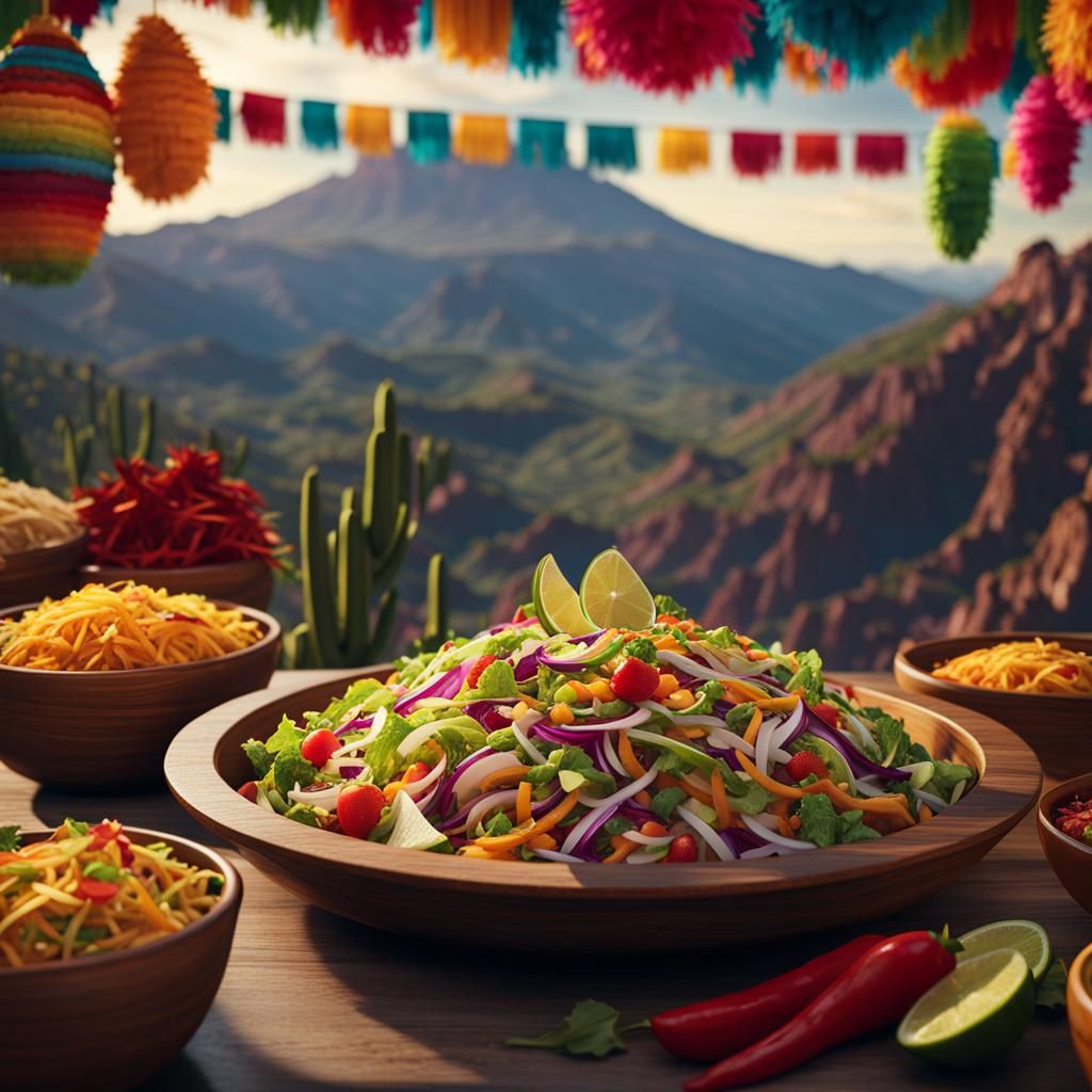 close up of chipotle salad on table with Mexican pinata hang...