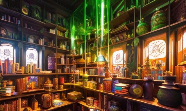 interior Potions Shop book store Many Shelves 3 stories tall Glass ...