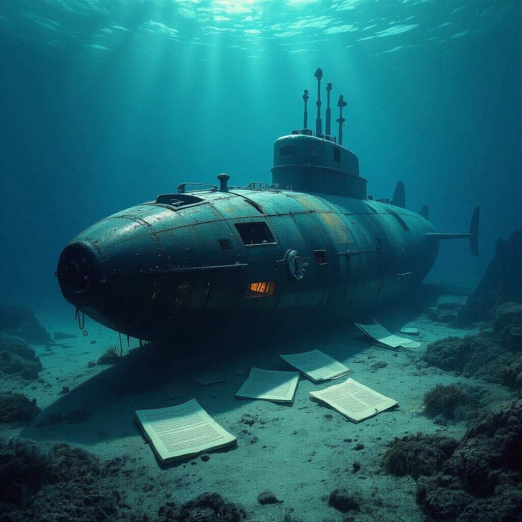 A lone, weathered submarine rests on the ocean floor, illuminated by ethereal bioluminescent flora. Ancient, forgotten texts are scattered a...