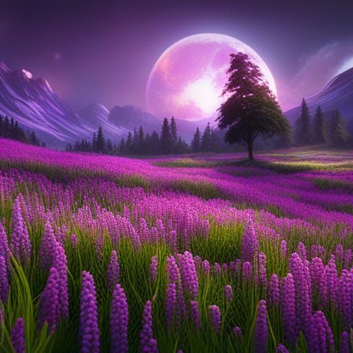 Beautiful purple flower meadow detailed matte painting, deep color ...