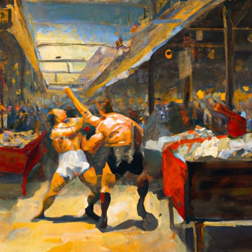 two wrestlers wrestling in a grocery store