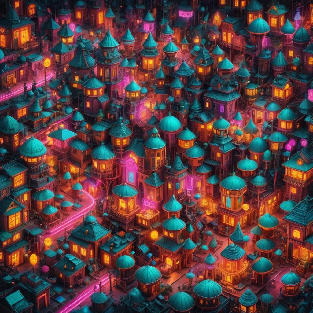 Extreme whimsical surreal World,  extreme vibrant neon color...