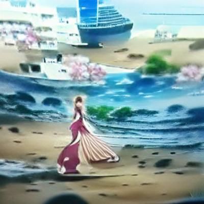 a woman with beautiful dress walking on sea anime