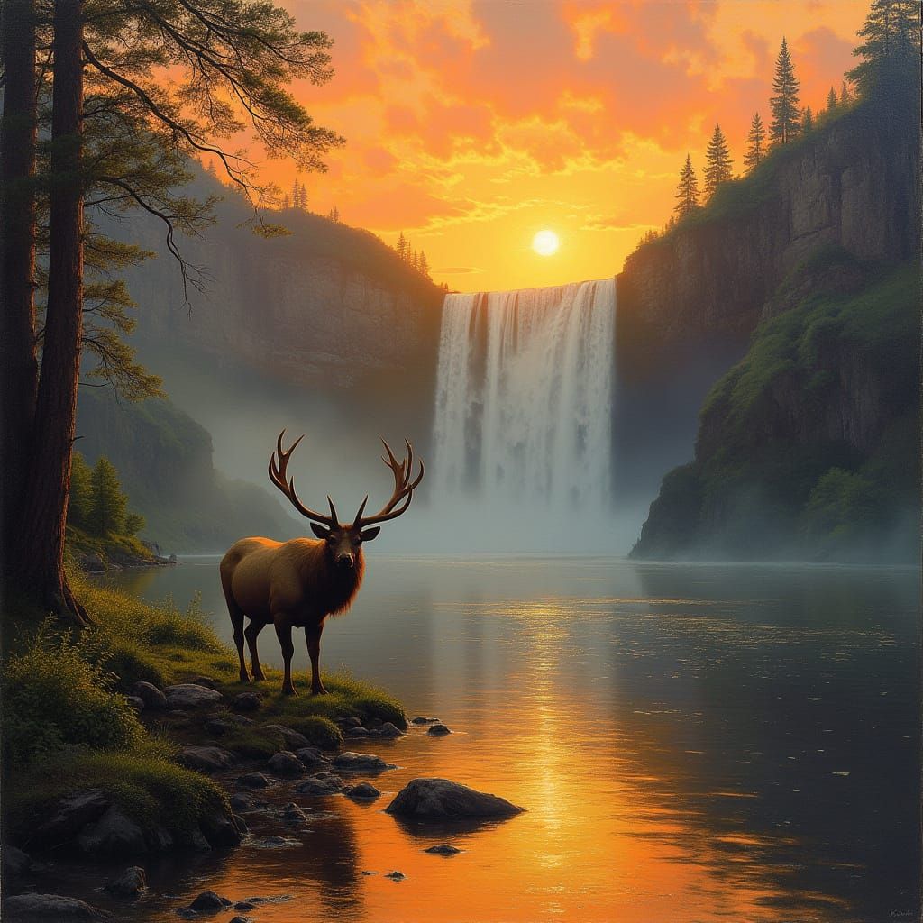 Surreal Sunset Landscape with Majestic Waterfall and Gentle ...