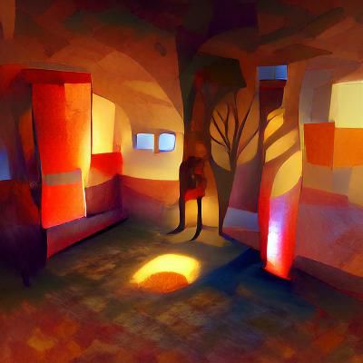Liminal space, ambient light, shadows with glowing eyes, war...