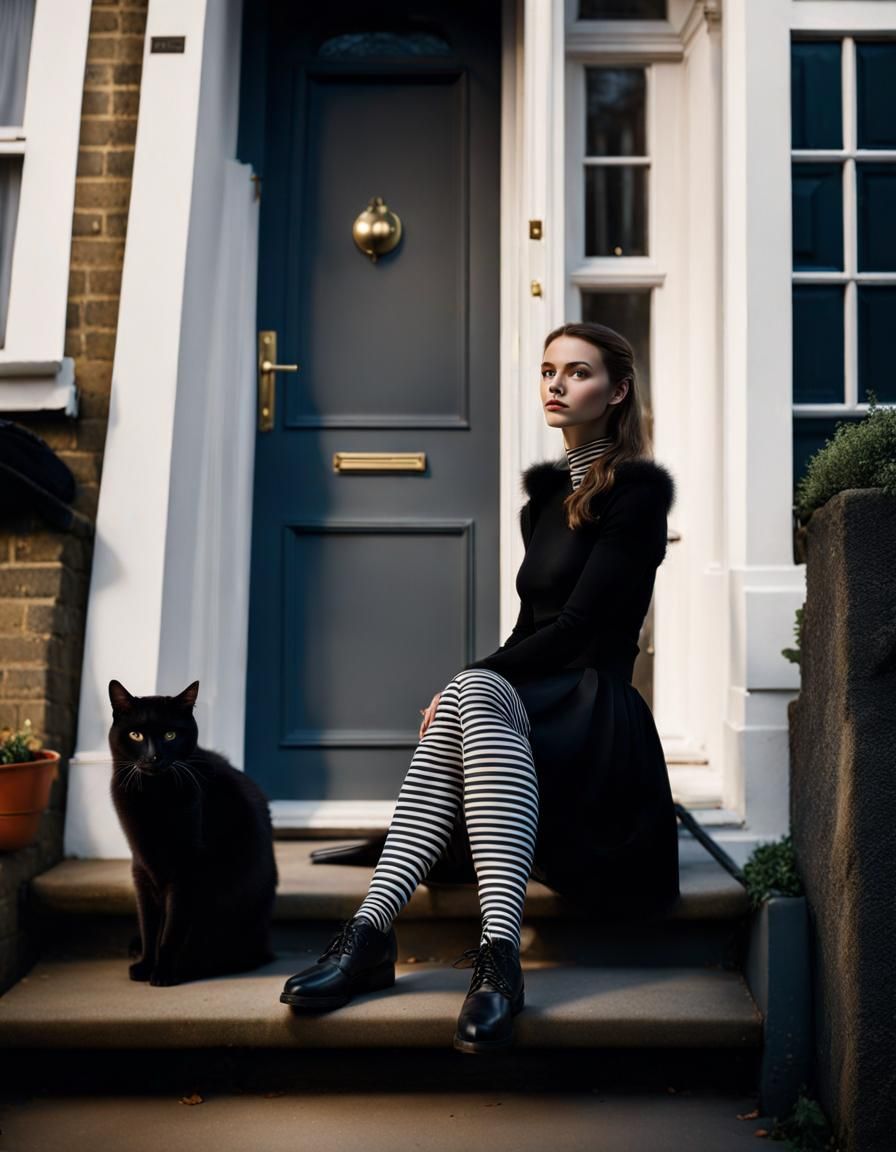 Girl wearing striped tights sitting on a doorstep next to a black