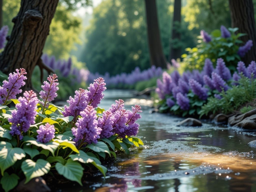 beautiful river in the middle of lilac flower feeld/ gorgeous  <lora:LilaCraft:1.0> lilac, handmade water colors