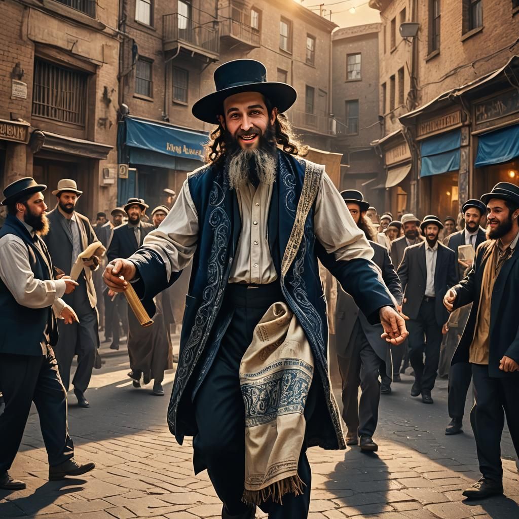 Majestic Hasidic Jew Dancing with Torah Scroll in Vibrant Go...