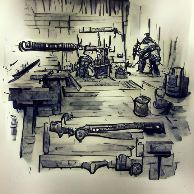 Ink sketch; the swordsmith's workshop