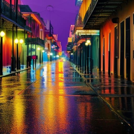 New Orleans street on a rainy summer night from street level, realistic ...