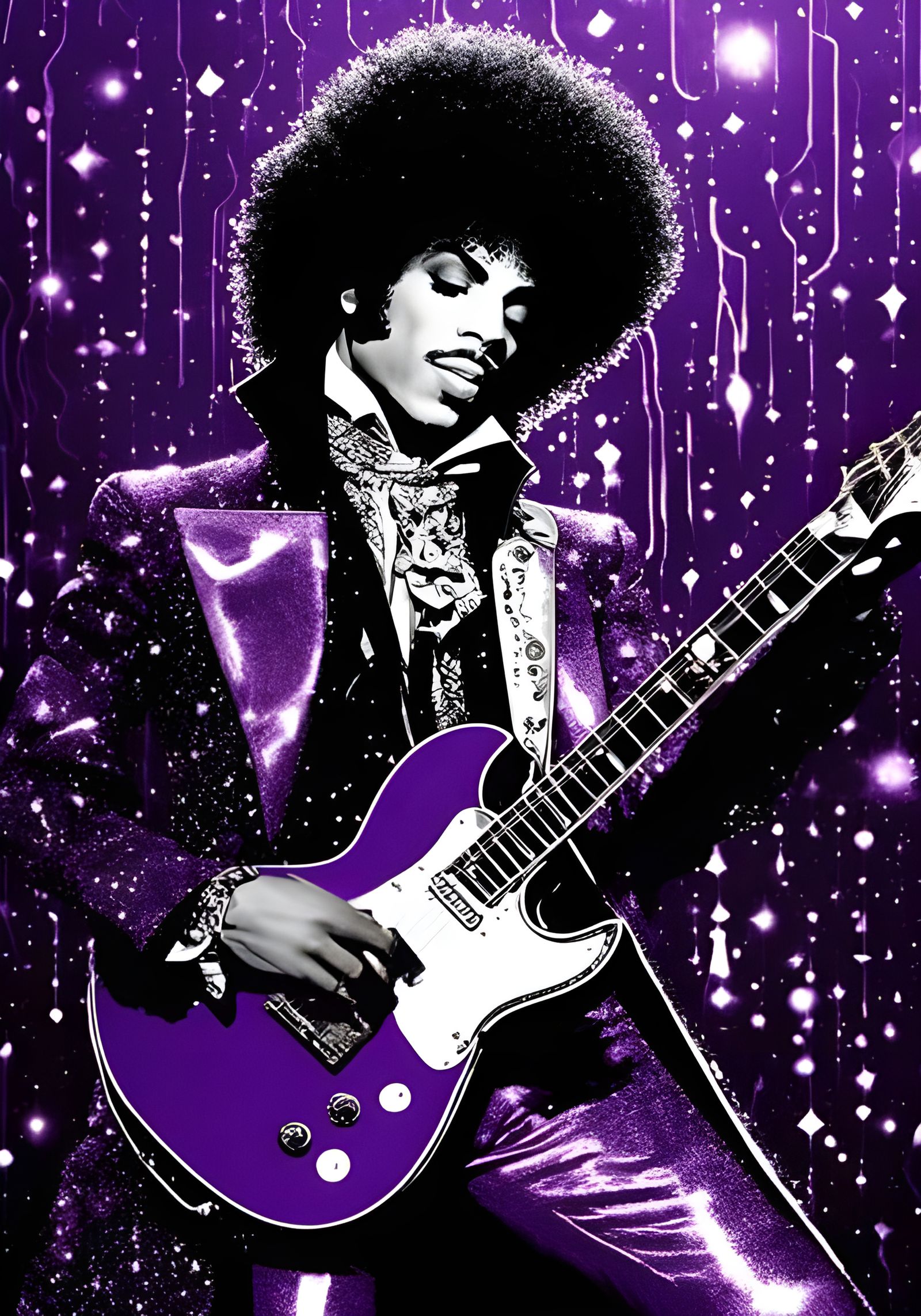 Prince Rogers Nelson Purple Rain playing guitar sparkling ✨️✨️✨️✨️✨️✨️ Black and white shining ...  by @Anna Maria Nieves
