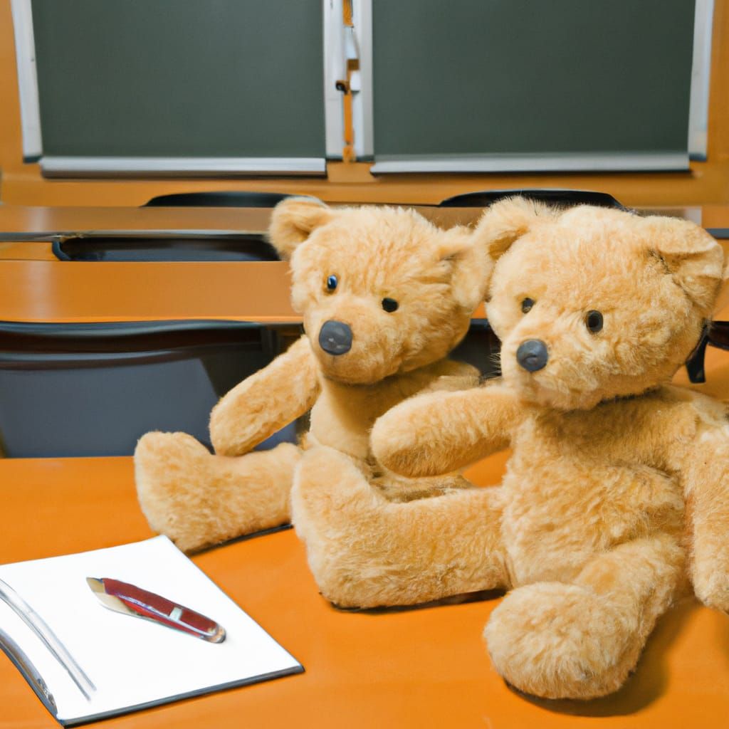 Teddy bears sitting in a classroom