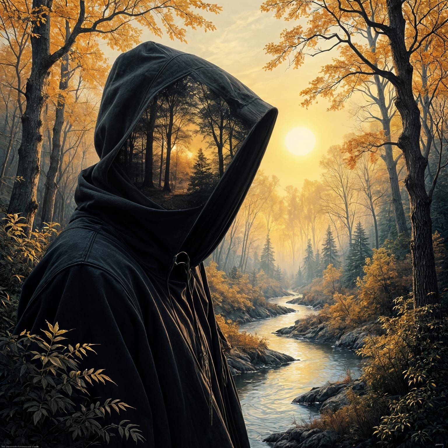 Envision a double exposure artwork where the silhouette of a hooded figure is filled with a detailed, ...  by @Zacharo