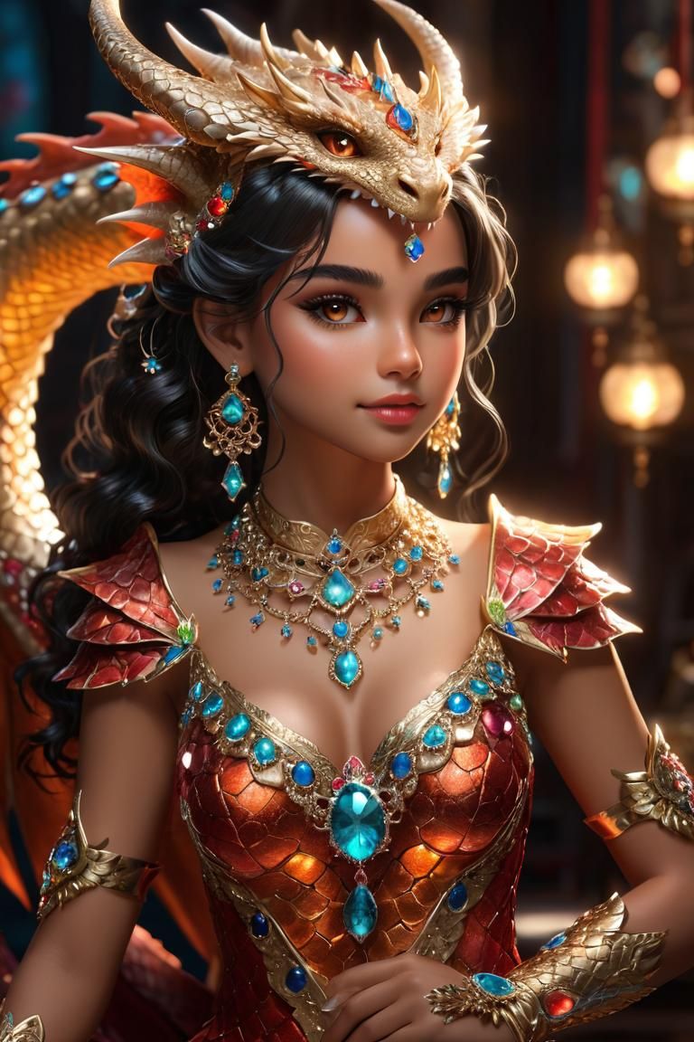 Latina dragon girl with a lot of jewelry and gems