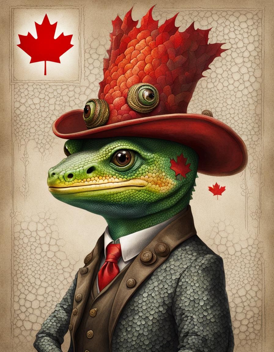 Anthropomorphic Gecko with dragon scales dressed as Canada