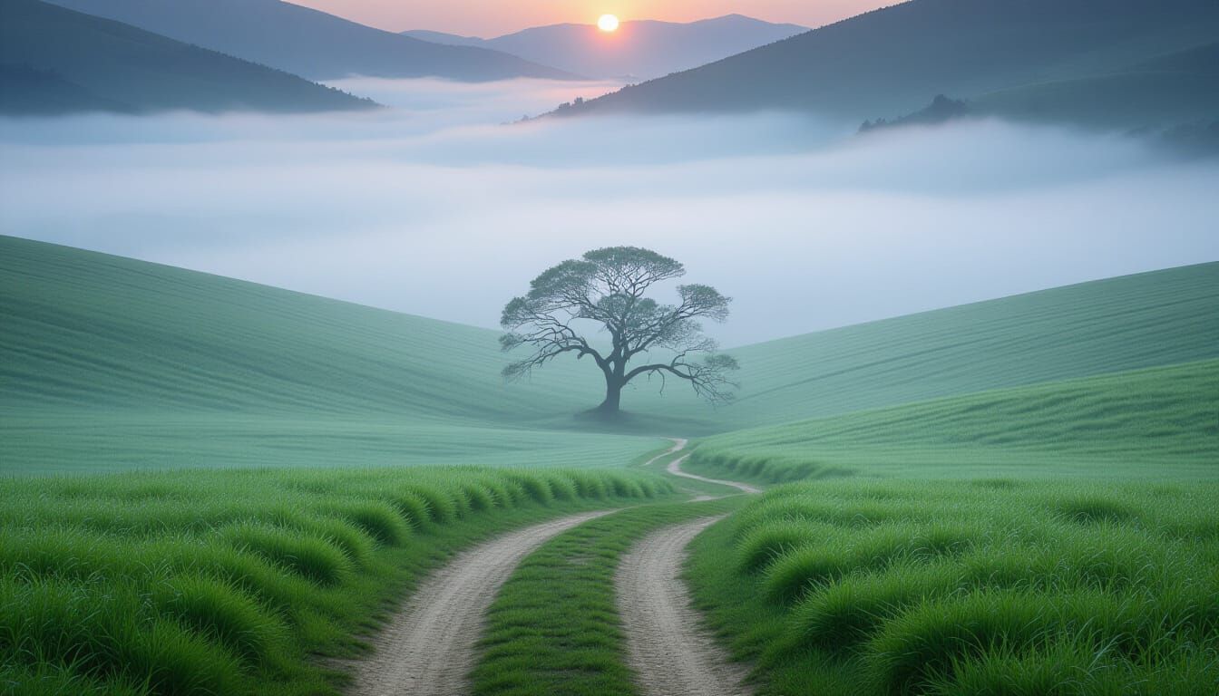 "A tranquil scene where a gentle, hazy blue mist flows softly between rolling, rounded hills. The setting sun, a delicate blend of soft pink...