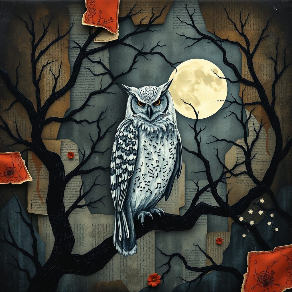 Surreal Collage Masterpiece in Mixed Media, 3D, Dark Blues a...