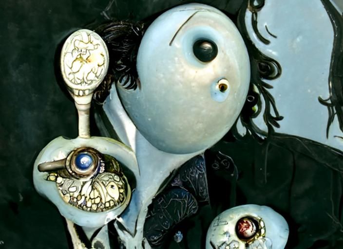 Boy with buttons on eays from cartoon characters of Tim Burt...